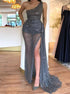 Sparkly Sequin Tulle One Shoulder High Slit Prom Dresses LBQ1108